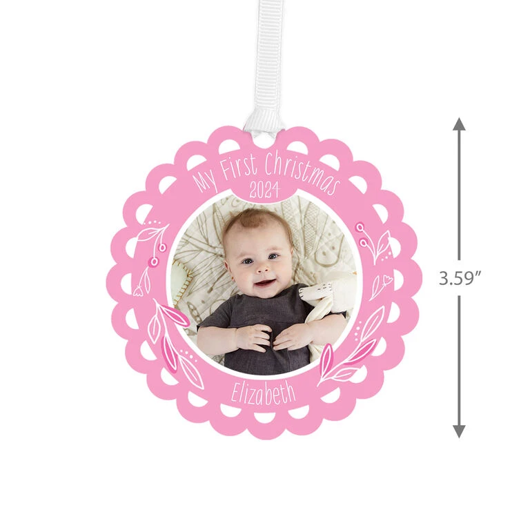 Hallmark Baby’s First Christmas Pink Scalloped Personalized Text And Photo Metal Ornament - Image 3