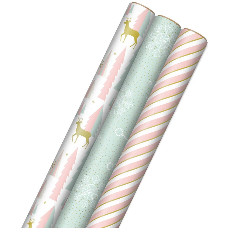 Hallmark Pink And Mint Assorted 3-Pack Christmas Wrapping Paper, 120 Sq. Ft.
